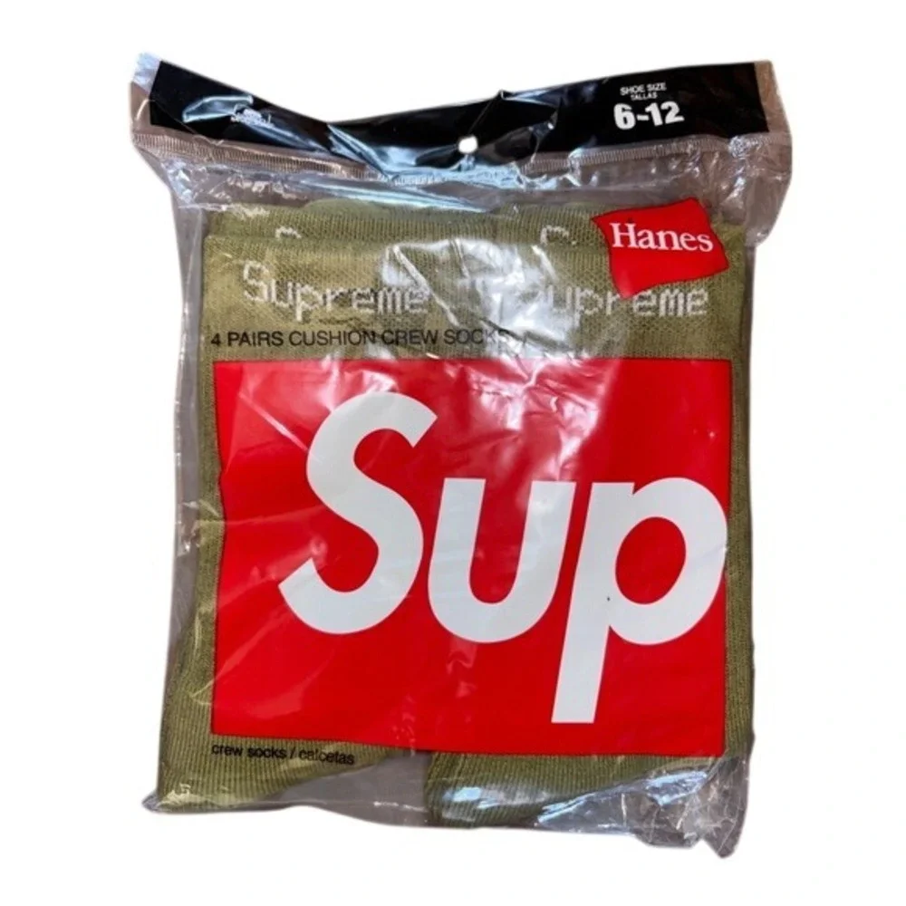 Supreme Hanes 4 Pair Cushion Crew Socks‎ Olive Green Size 6-12 Mens New S/S 2023 - Picture 3 of 4